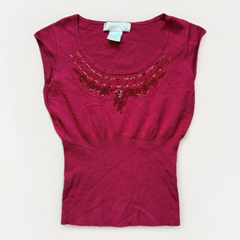 Vintage Y2K Red Cap Sleeve Ribbed Knit Fitted Top • Embellished Indie Fairy S
